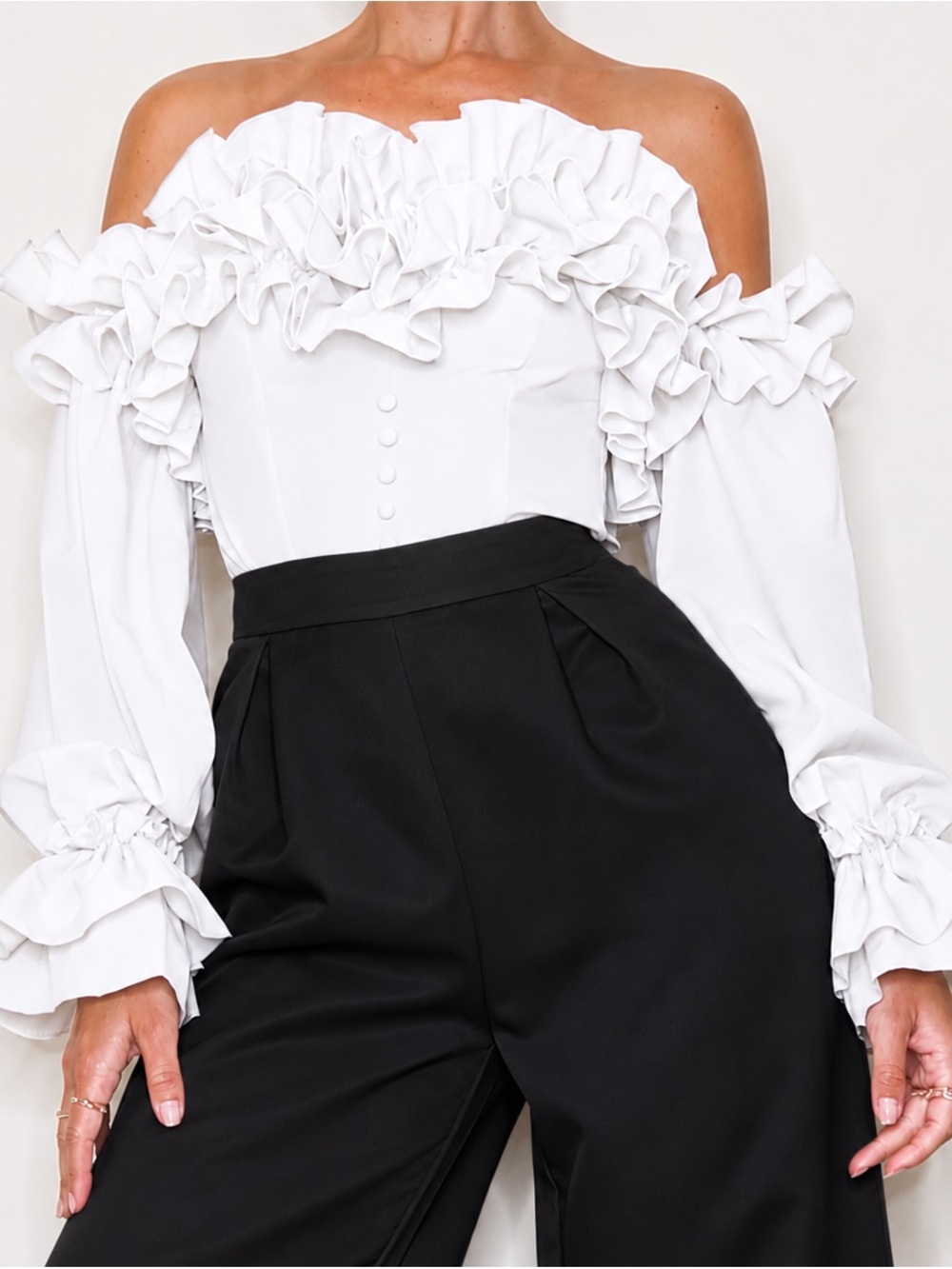 PrettyLittleThing White Off-Shoulder Ruffle Long Sleeve Top NWT